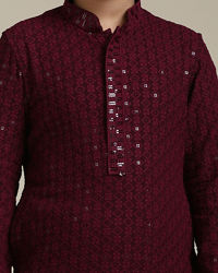 Manyavar Boys Boys Maroon Red Chikankari Kurta Set with Sequin Work