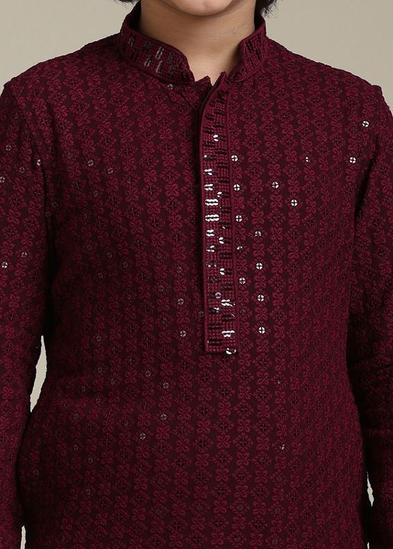 Manyavar Boys Boys Maroon Red Chikankari Kurta Set with Sequin Work