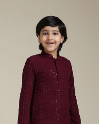 Manyavar Boys Boys Maroon Red Chikankari Kurta Set with Sequin Work
