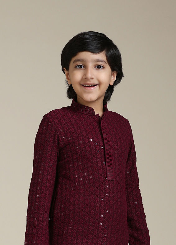 Manyavar Boys Boys Maroon Red Chikankari Kurta Set with Sequin Work