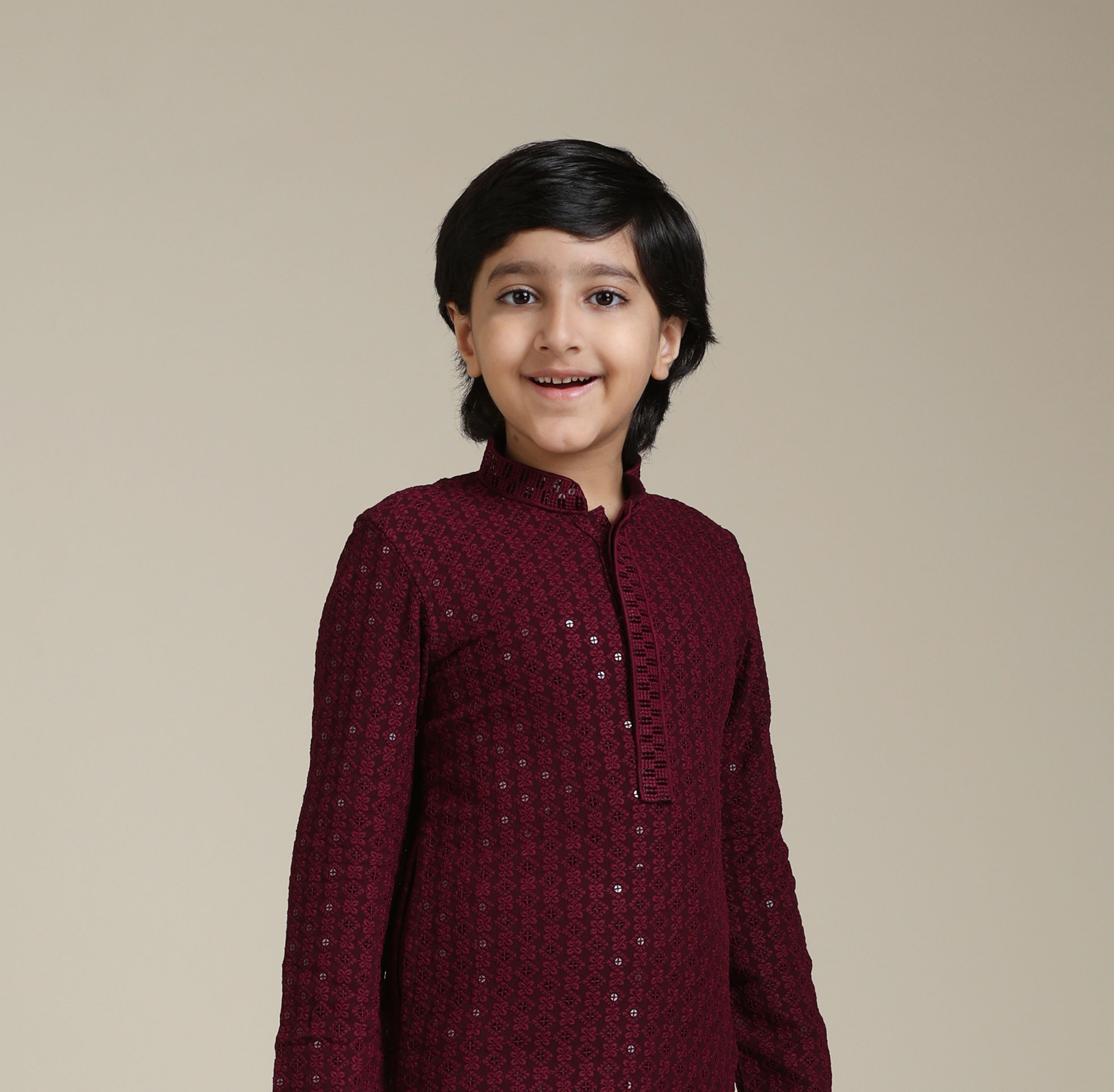 Manyavar Boys Boys Maroon Red Chikankari Kurta Set with Sequin Work