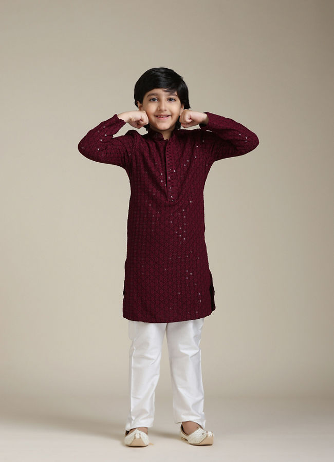 Manyavar Boys Boys Maroon Red Chikankari Kurta Set with Sequin Work