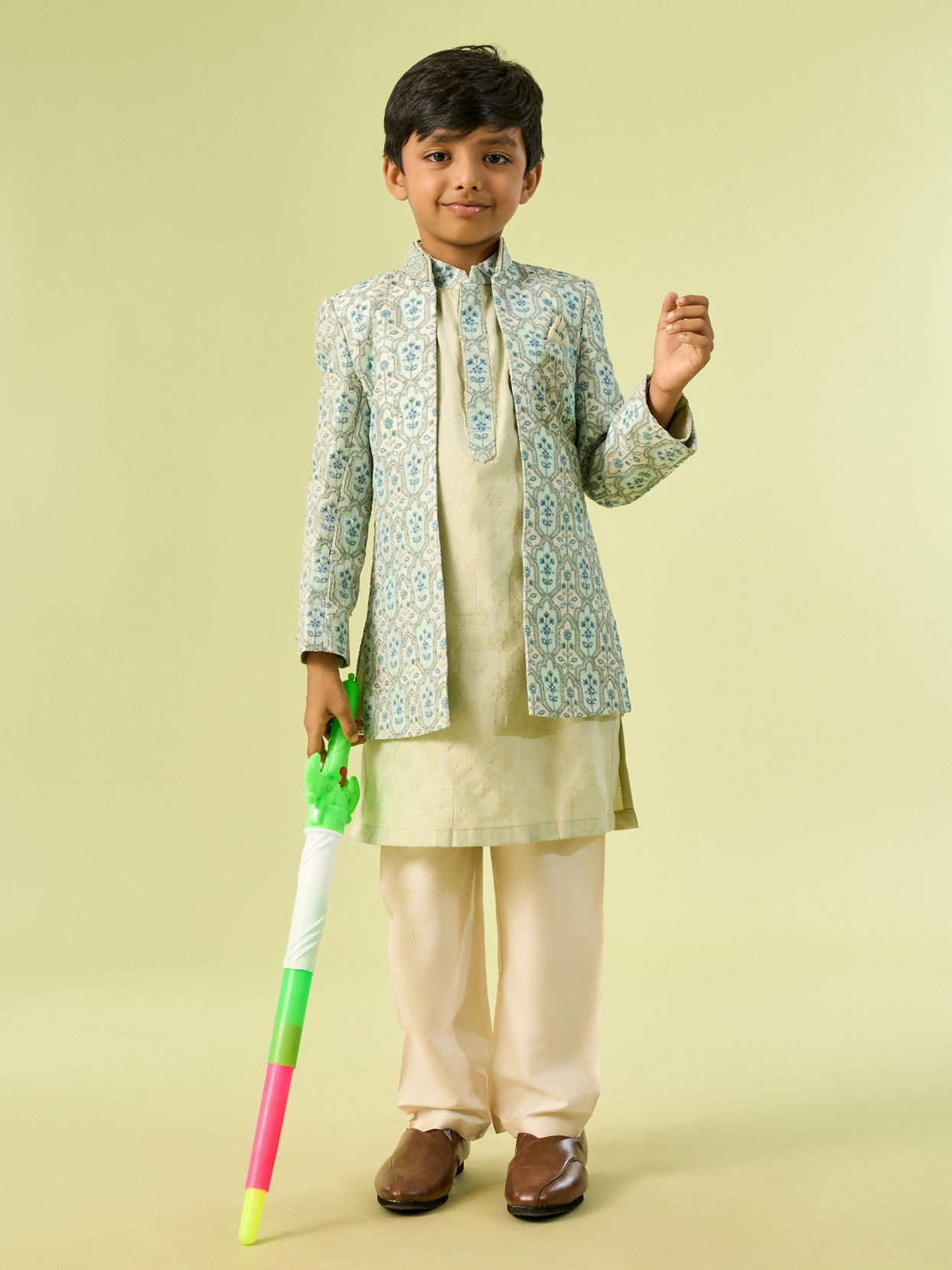 Manyavar Boys Enthralling Aqua Green Indo Western Ensemble