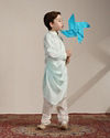 Manyavar Boys Boys Aqua Blue Ogee Patterned Angrakha Style Kurta jacket Set