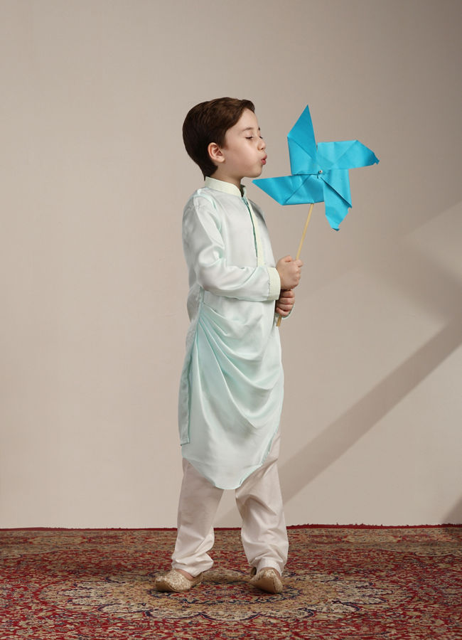 Manyavar Boys Boys Aqua Blue Ogee Patterned Angrakha Style Kurta jacket Set