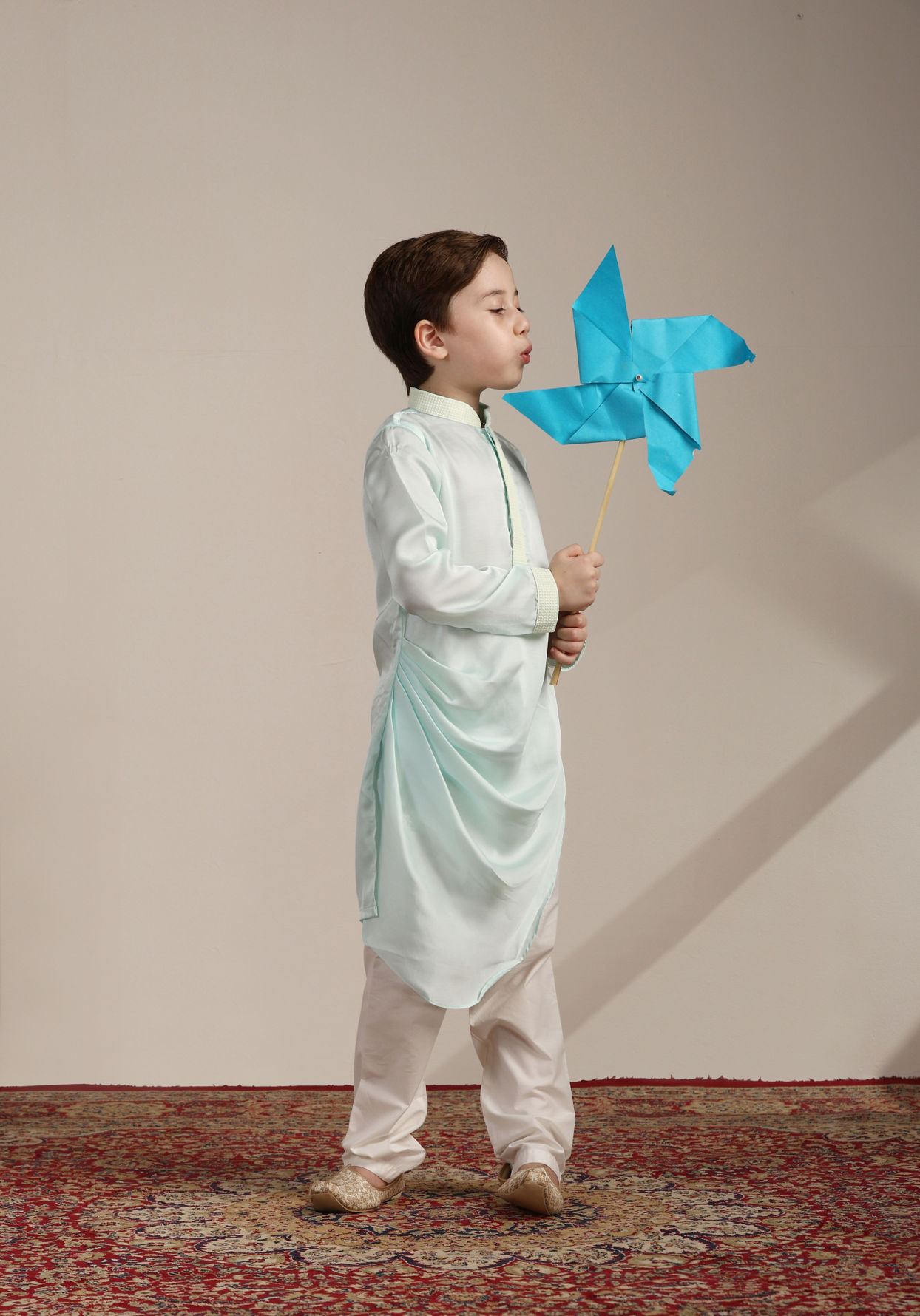 Manyavar Boys Boys Aqua Blue Ogee Patterned Angrakha Style Kurta jacket Set
