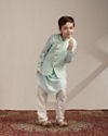 Manyavar Boys Boys Aqua Blue Ogee Patterned Angrakha Style Kurta jacket Set