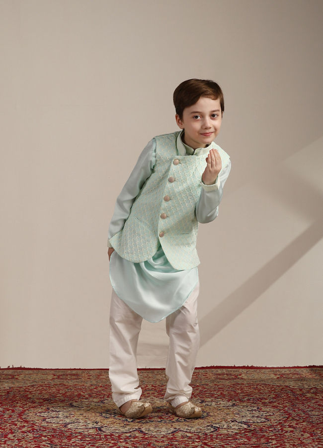 Manyavar Boys Boys Aqua Blue Ogee Patterned Angrakha Style Kurta jacket Set