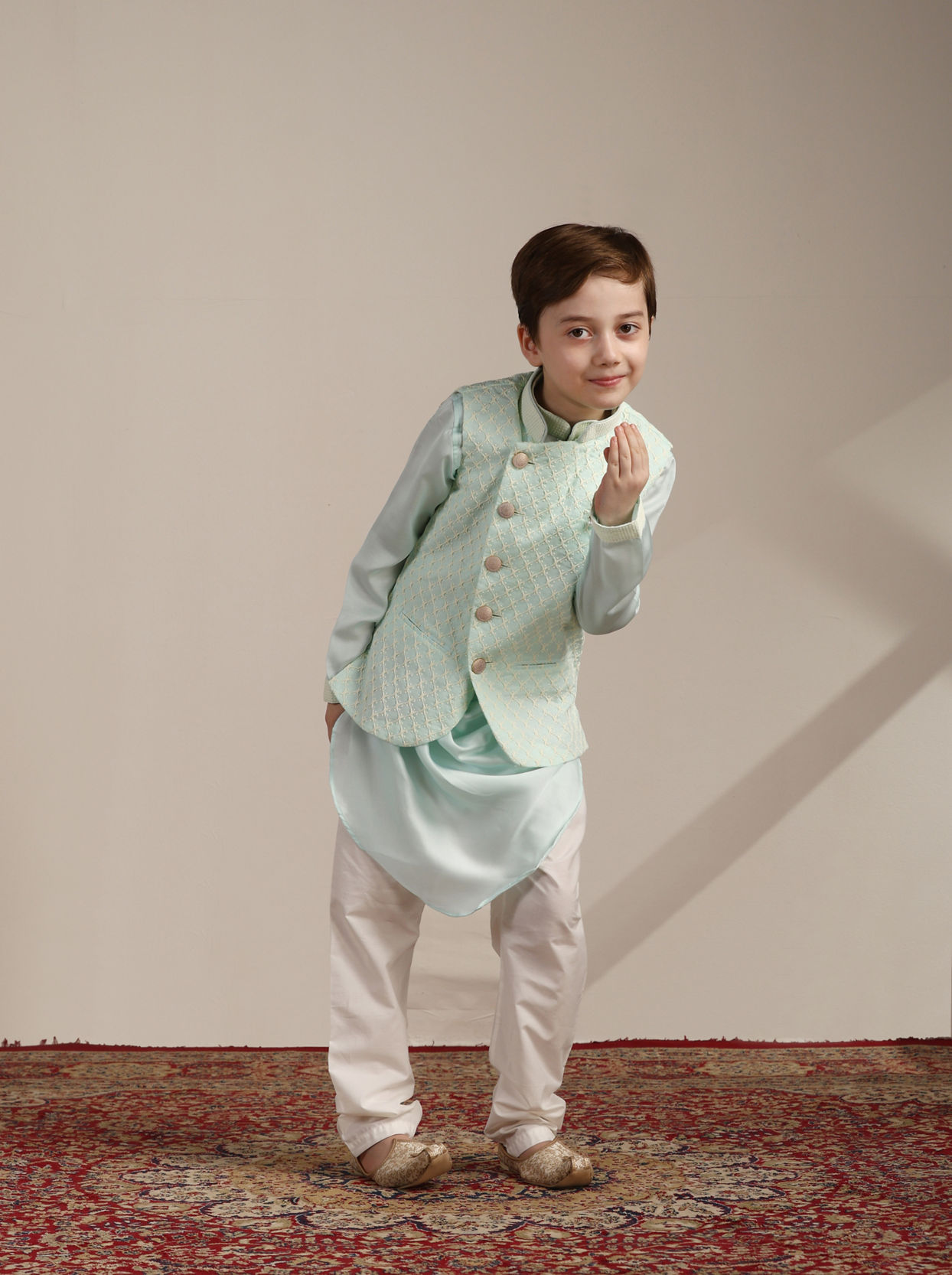 Manyavar Boys Boys Aqua Blue Ogee Patterned Angrakha Style Kurta jacket Set