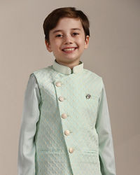 Manyavar Boys Boys Aqua Blue Ogee Patterned Angrakha Style Kurta jacket Set