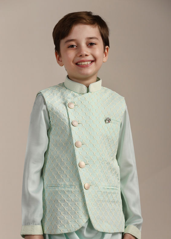 Manyavar Boys Boys Aqua Blue Ogee Patterned Angrakha Style Kurta jacket Set