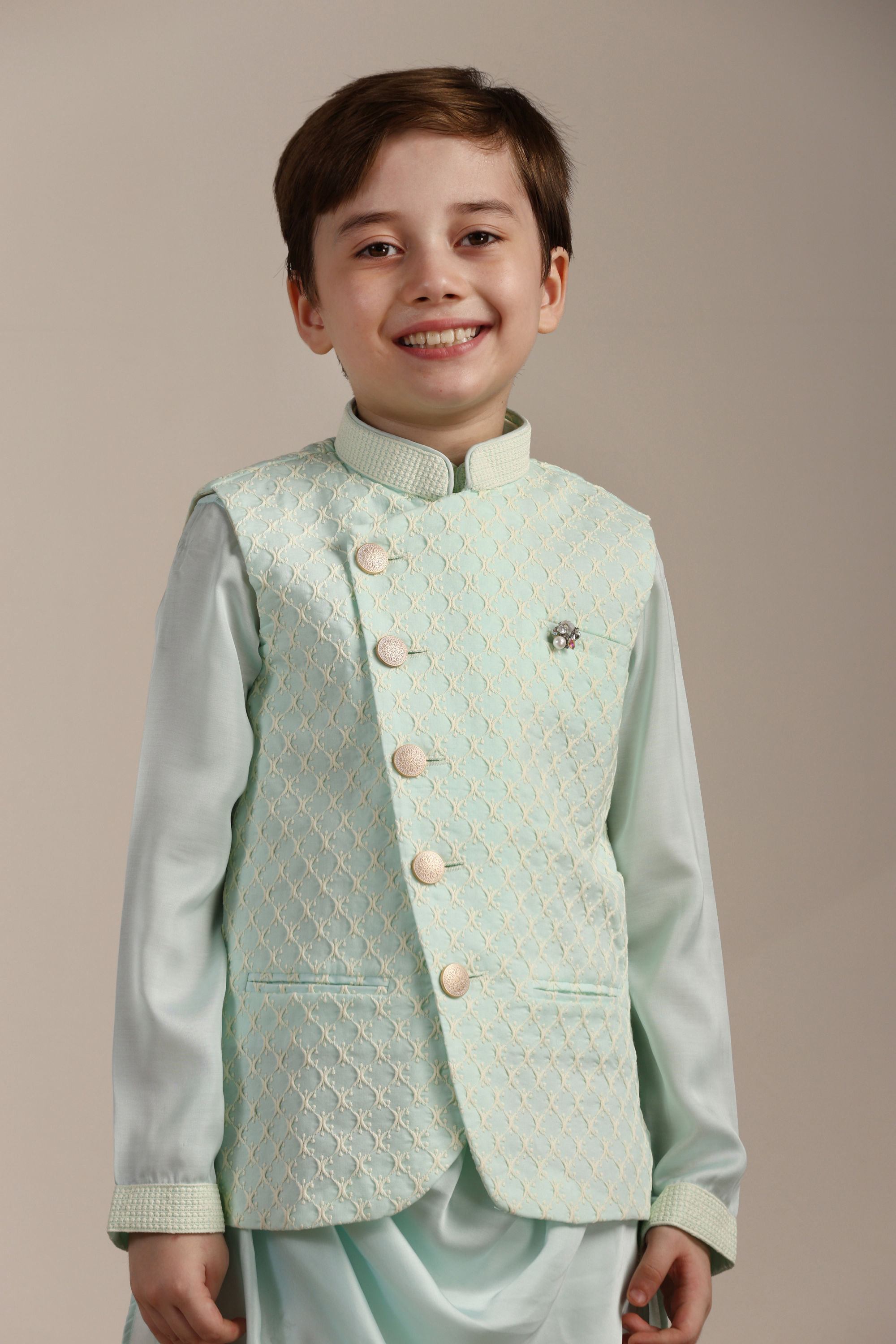 Manyavar Boys Boys Aqua Blue Ogee Patterned Angrakha Style Kurta jacket Set