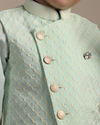 Manyavar Boys Boys Aqua Blue Ogee Patterned Angrakha Style Kurta jacket Set