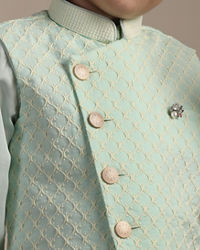 Manyavar Boys Boys Aqua Blue Ogee Patterned Angrakha Style Kurta jacket Set