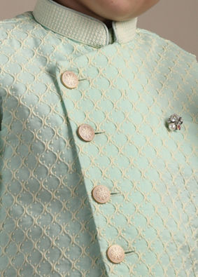 Boys Aqua Blue Ogee Patterned Angrakha Style Kurta jacket Set image number 1
