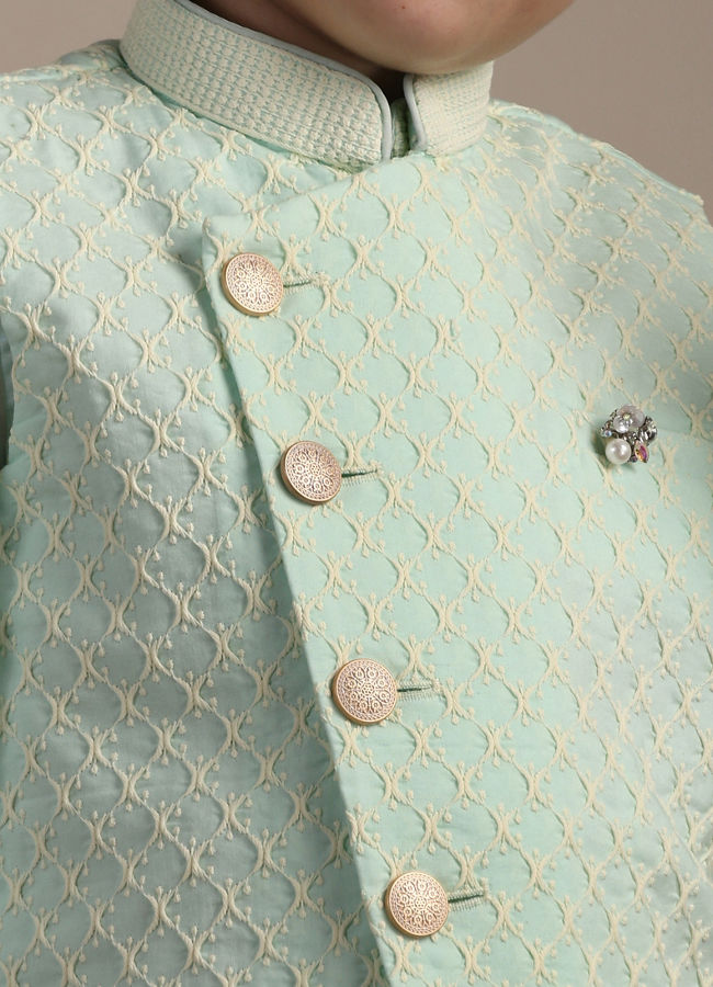 Manyavar Boys Boys Aqua Blue Ogee Patterned Angrakha Style Kurta jacket Set