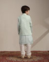 Manyavar Boys Boys Aqua Blue Ogee Patterned Angrakha Style Kurta jacket Set
