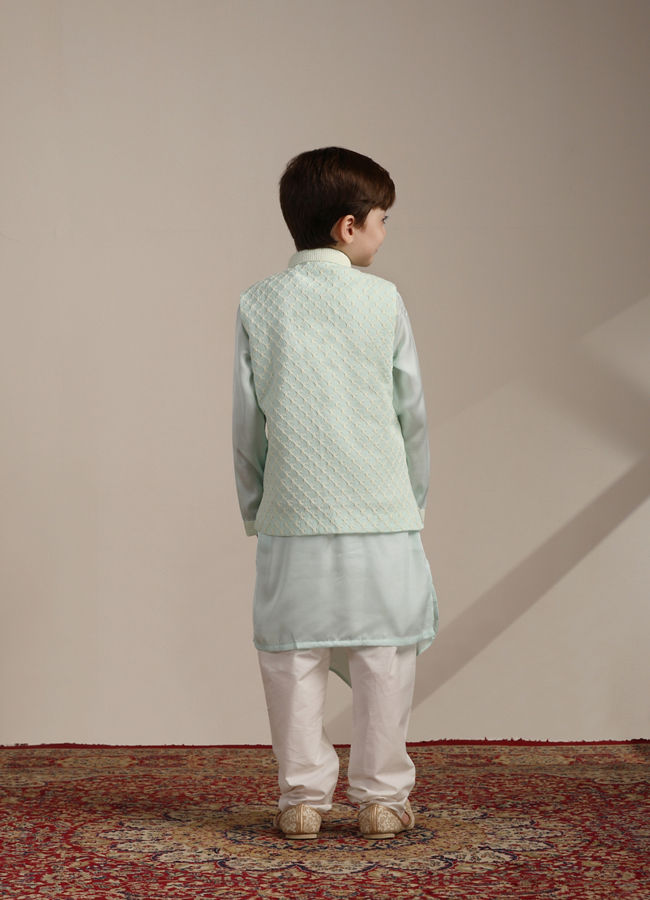 alt message - Manyavar Boys Boys Aqua Blue Ogee Patterned Angrakha Style Kurta jacket Set image number 5