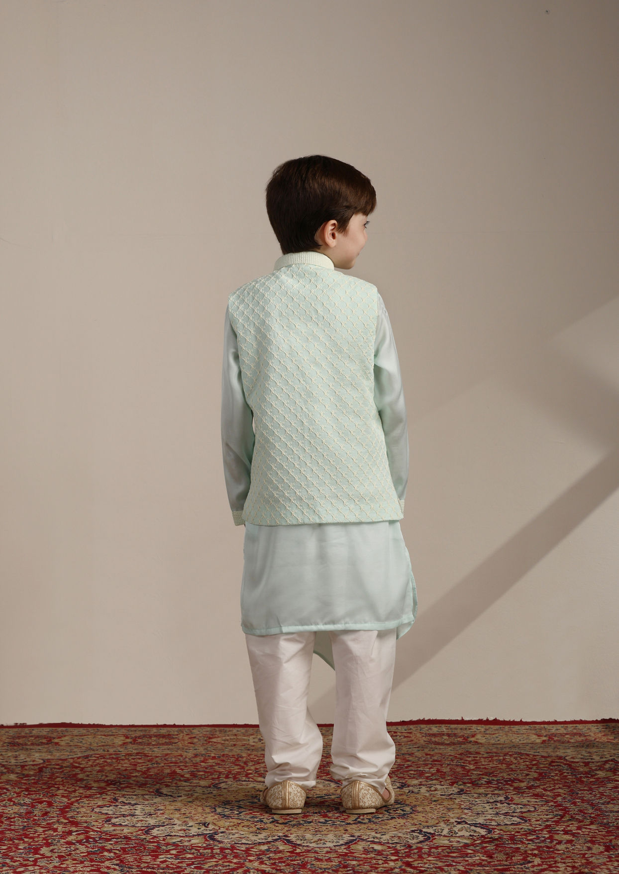 Manyavar Boys Boys Aqua Blue Ogee Patterned Angrakha Style Kurta jacket Set