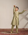 Boys Pistachio Green Kurta with Beige Floral Sequined Jacket image number 3