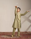 alt message - Manyavar Boys Boys Pistachio Green Kurta with Beige Floral Sequined Jacket image number 3