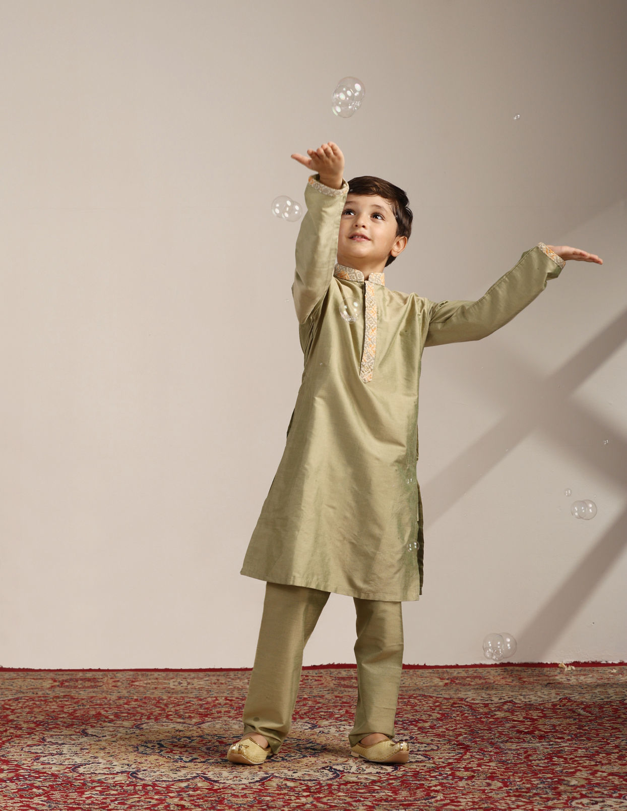 Boys Pistachio Green Kurta with Beige Floral Sequined Jacket image number 3