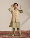 Boys Pistachio Green Kurta with Beige Floral Sequined Jacket image number 2