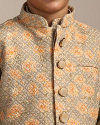 Manyavar Boys Boys Pistachio Green Kurta with Beige Floral Sequined Jacket