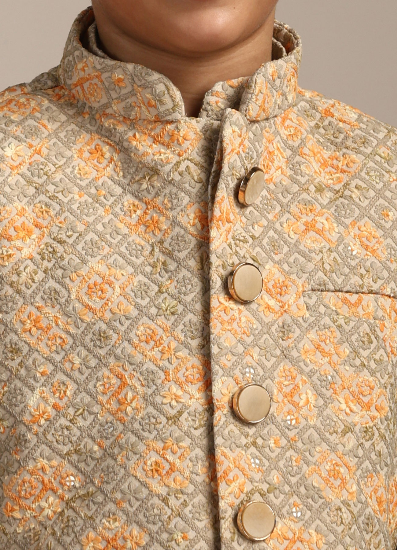 Manyavar Boys Boys Pistachio Green Kurta with Beige Floral Sequined Jacket