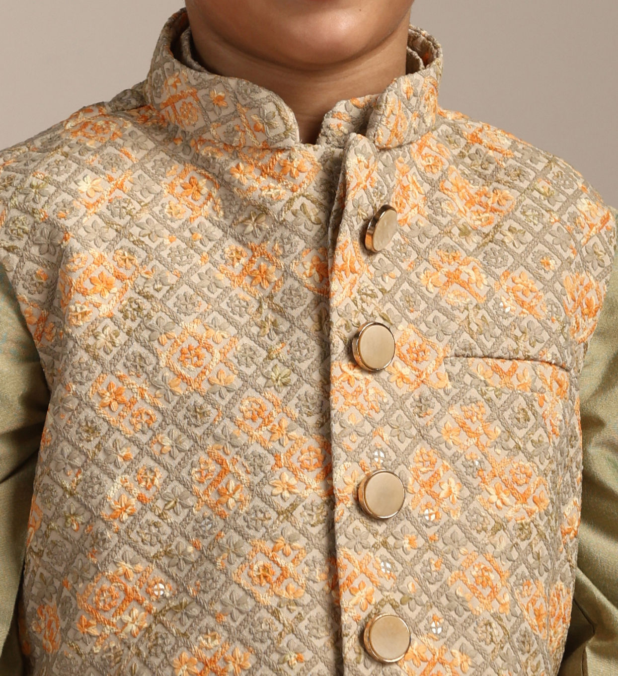 Boys Pistachio Green Kurta with Beige Floral Sequined Jacket image number 1