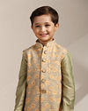 Boys Pistachio Green Kurta with Beige Floral Sequined Jacket image number 0