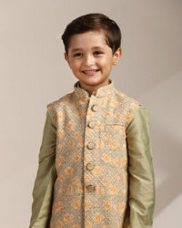 Manyavar Boys Boys Pistachio Green Kurta with Beige Floral Sequined Jacket