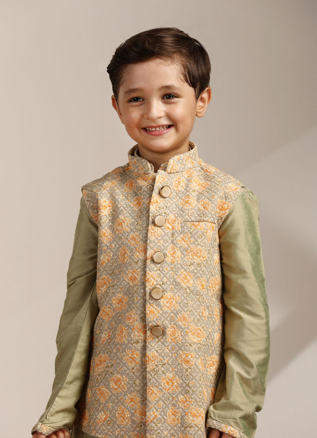 alt message - Manyavar Boys Boys Pistachio Green Kurta with Beige Floral Sequined Jacket image number 0