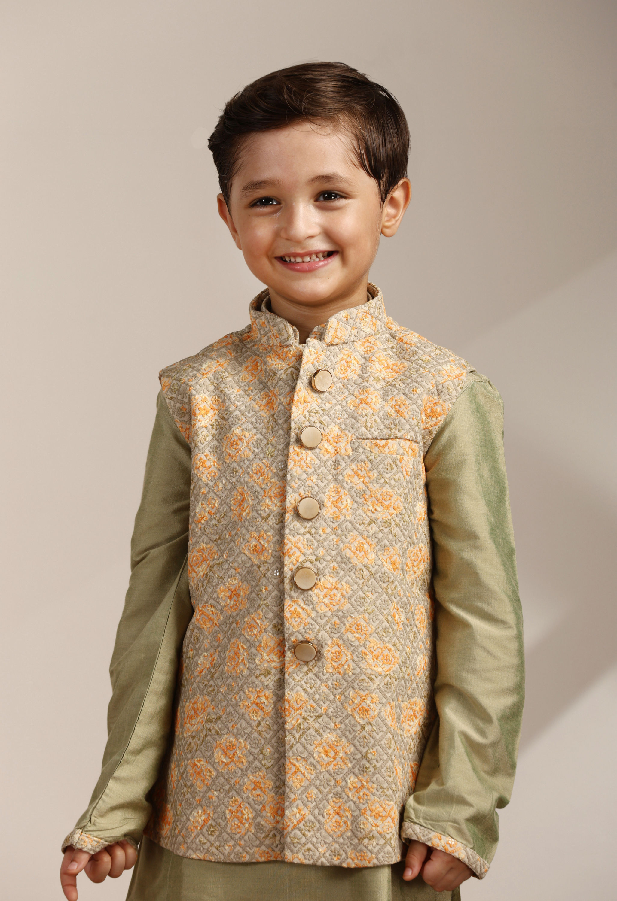 Manyavar Boys Boys Pistachio Green Kurta with Beige Floral Sequined Jacket
