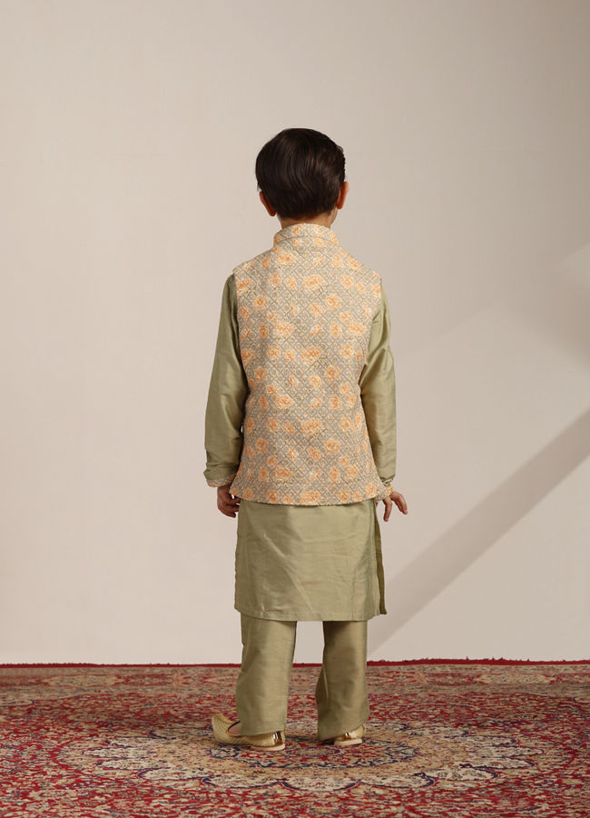 Boys Pistachio Green Kurta with Beige Floral Sequined Jacket image number 5