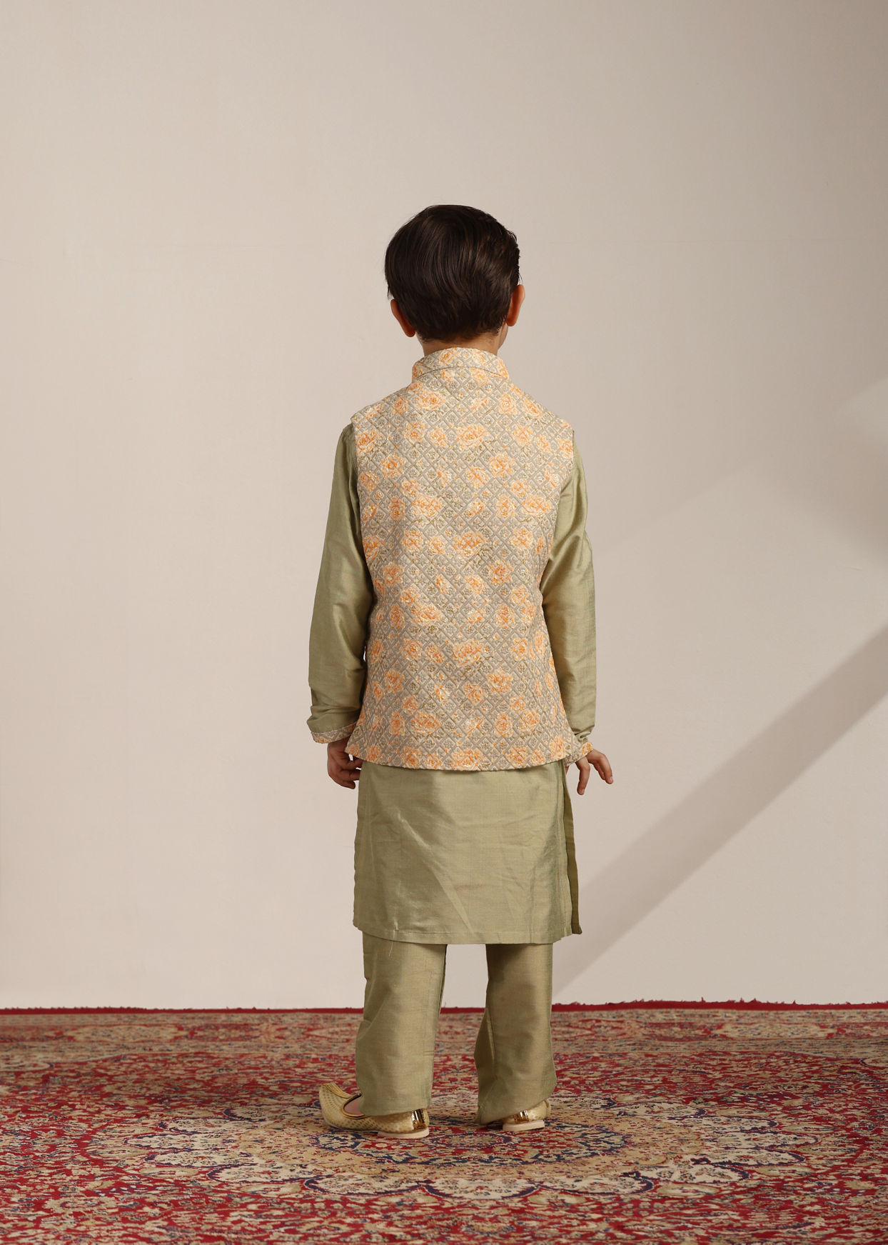 Boys Pistachio Green Kurta with Beige Floral Sequined Jacket image number 5