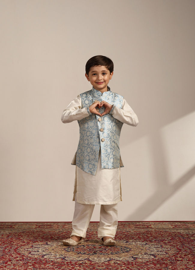 Boys Blissful Blue Bel Buti Patterned Angrakha Style Kurta Set image number 2