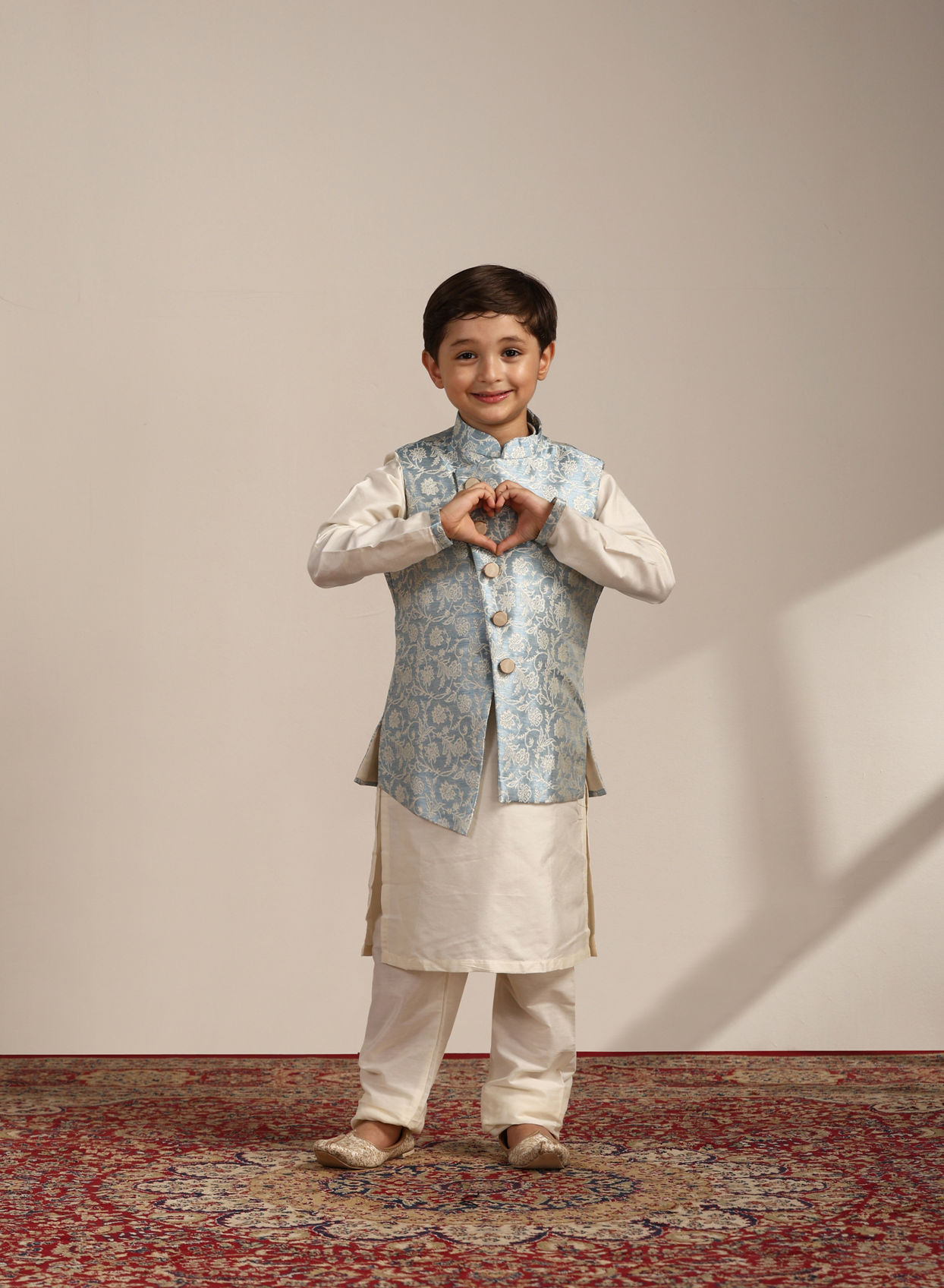 Boys Blissful Blue Bel Buti Patterned Angrakha Style Kurta Set image number 2