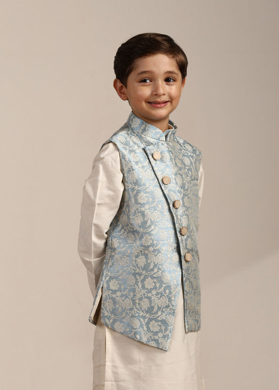 Manyavar Boys Boys Blissful Blue Bel Buti Patterned Angrakha Style Kurta Set