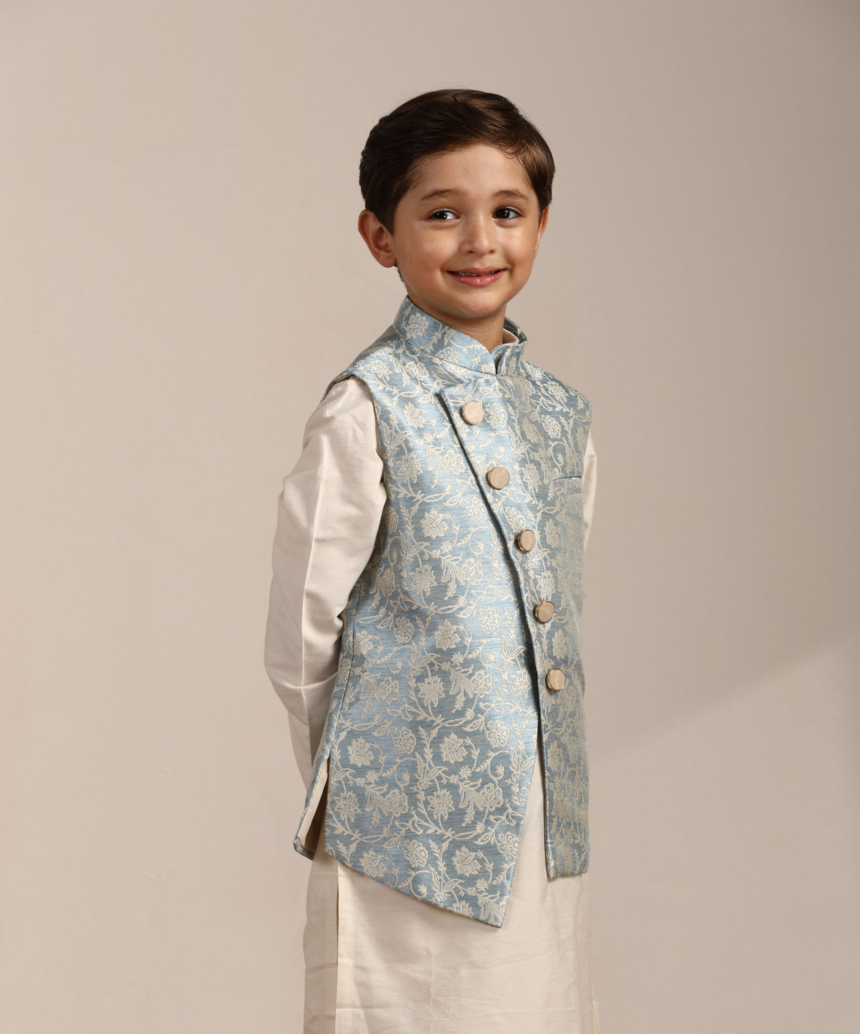 Manyavar Boys Blissful Blue Bel Buti Patterned Angrakha Style Kurta Jacket Set