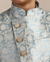 Manyavar Boys Blissful Blue Bel Buti Patterned Angrakha Style Kurta Jacket Set