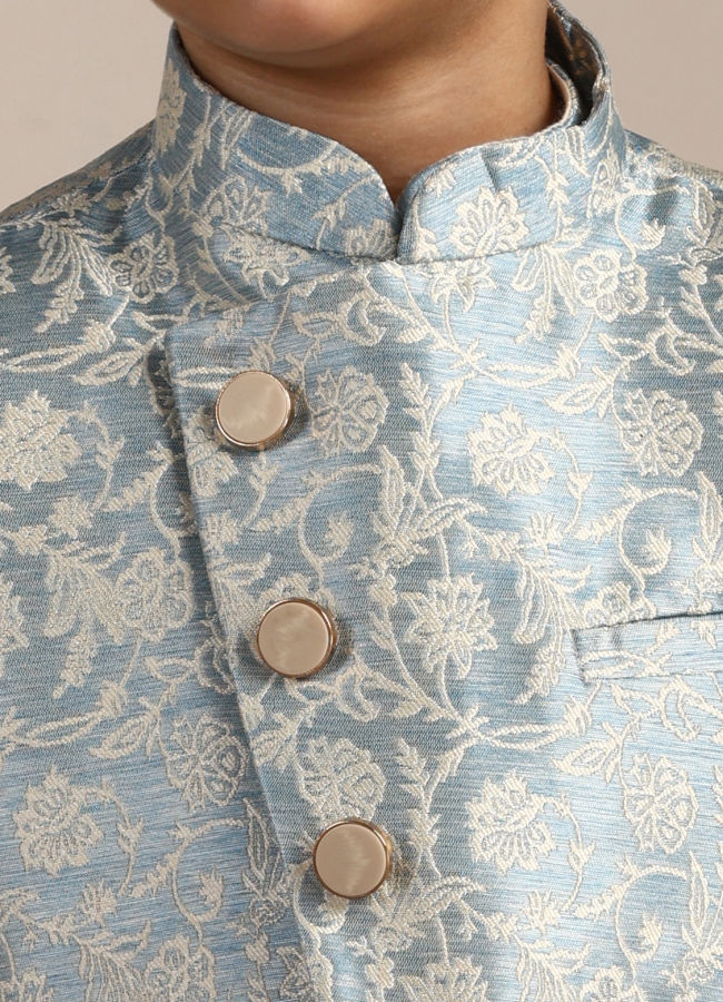 Manyavar Boys Blissful Blue Bel Buti Patterned Angrakha Style Kurta Jacket Set