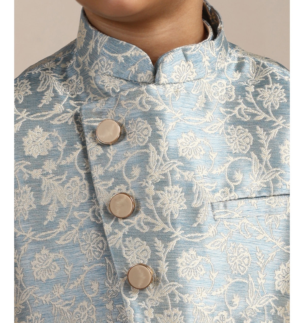 Manyavar Boys Blissful Blue Bel Buti Patterned Angrakha Style Kurta Jacket Set