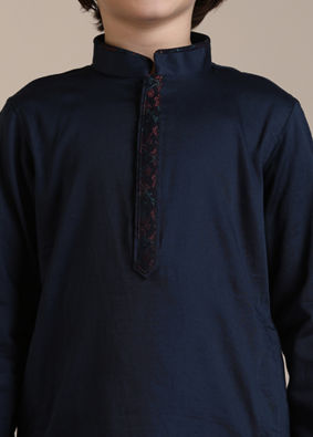 Manyavar Boys Boys Dark Blue Bel Buti Patterned Angrakha Jacket Set image number 1