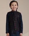 alt message - Manyavar Boys Boys Dark Blue Bel Buti Patterned Angrakha Jacket Set image number 0