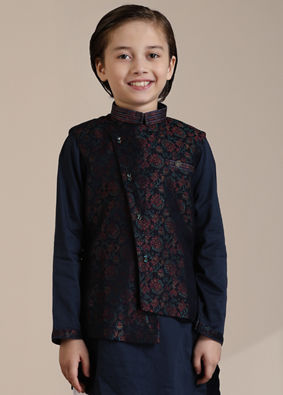 Manyavar Boys Boys Dark Blue Bel Buti Patterned Angrakha Jacket Set image number 0