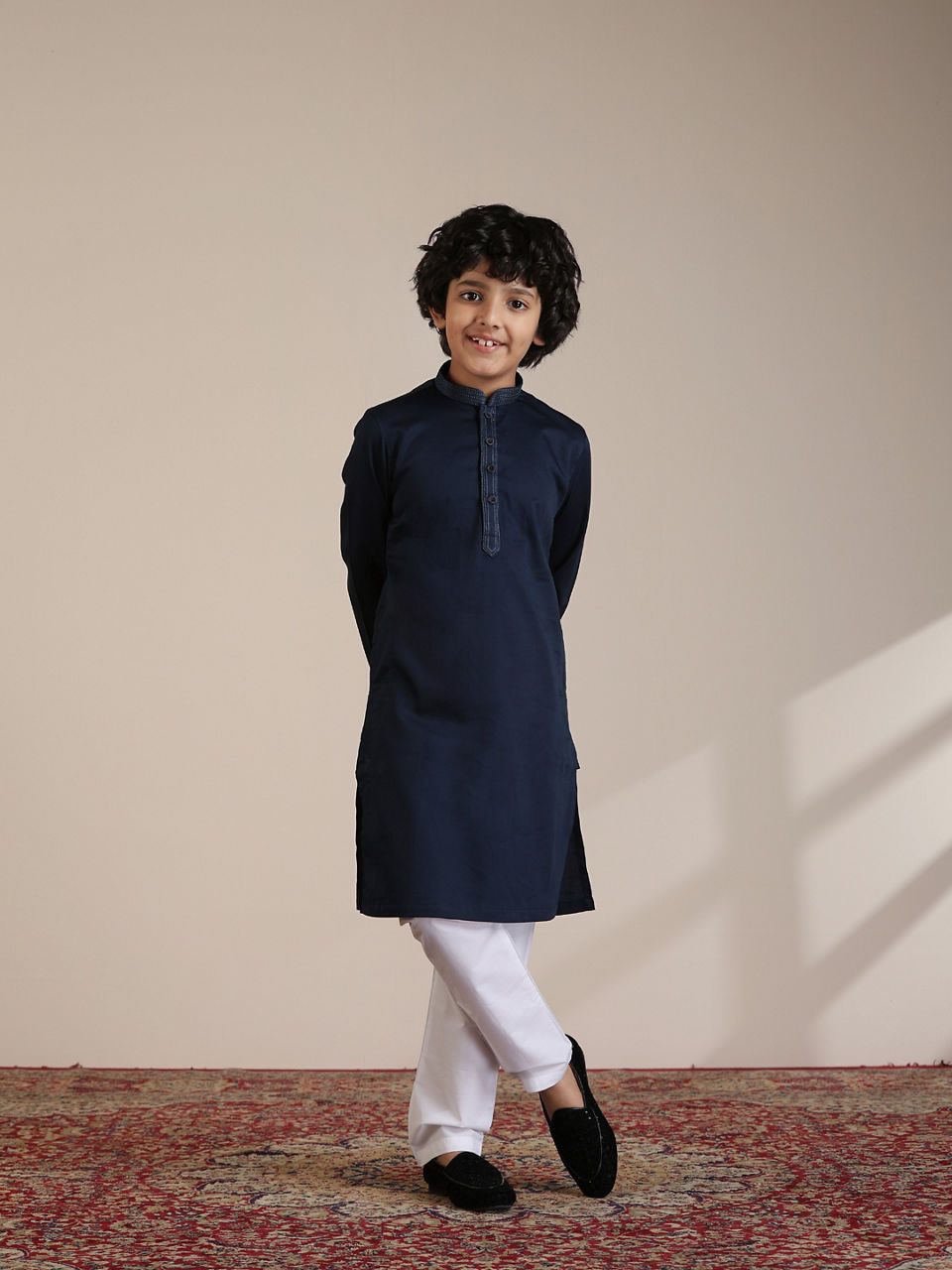 Manyavar Boys Boys Dark Blue Paisley Patterned Angrakha Jacket Set