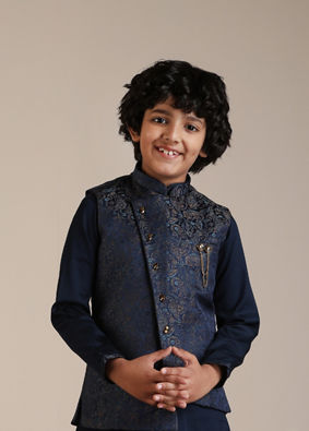 Manyavar Boys Boys Dark Blue Paisley Patterned Angrakha Jacket Set image number 0