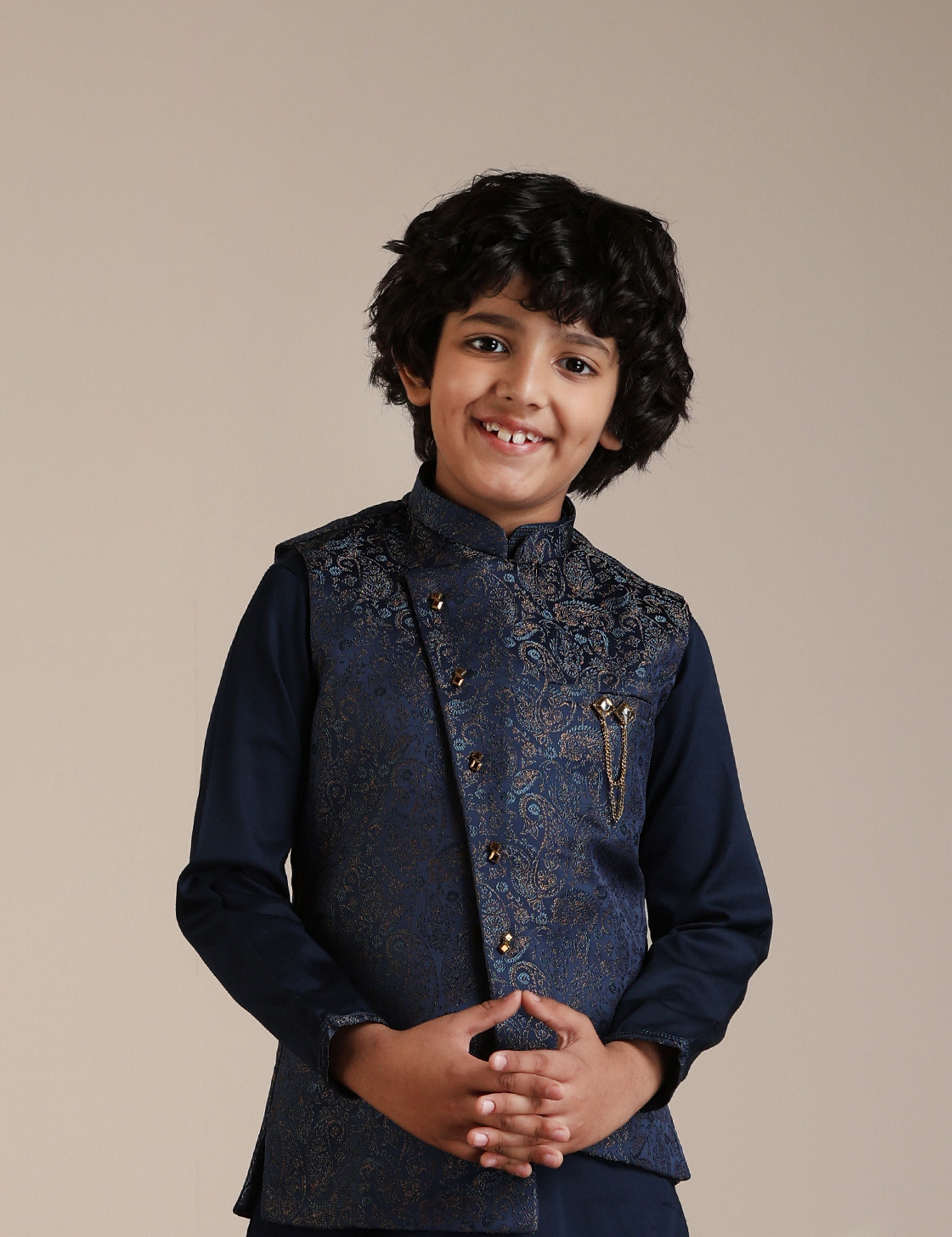 Manyavar Boys Boys Dark Blue Paisley Patterned Angrakha Jacket Set