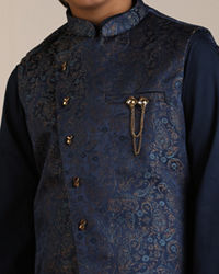 Manyavar Boys Boys Dark Blue Paisley Patterned Angrakha Jacket Set